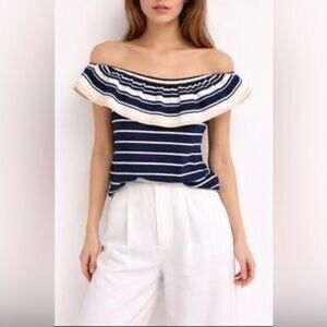 Navy and White Striped Off-Shoulder Top
